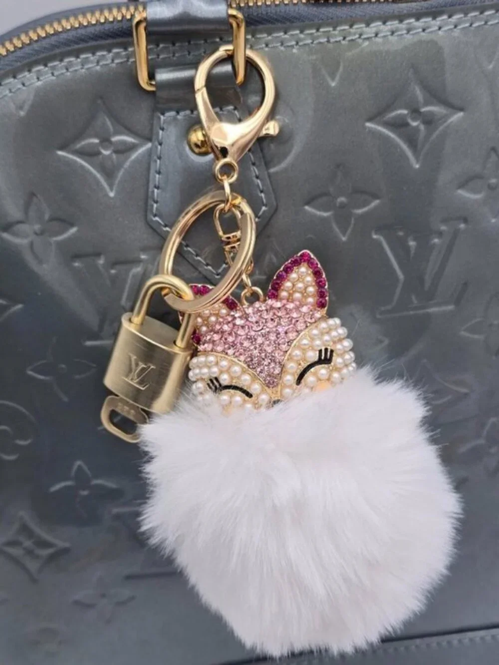 LV Authentic Gold Padlock 🔒 Key Set w/ Unbranded Fox Pom-pom Keychain Charm